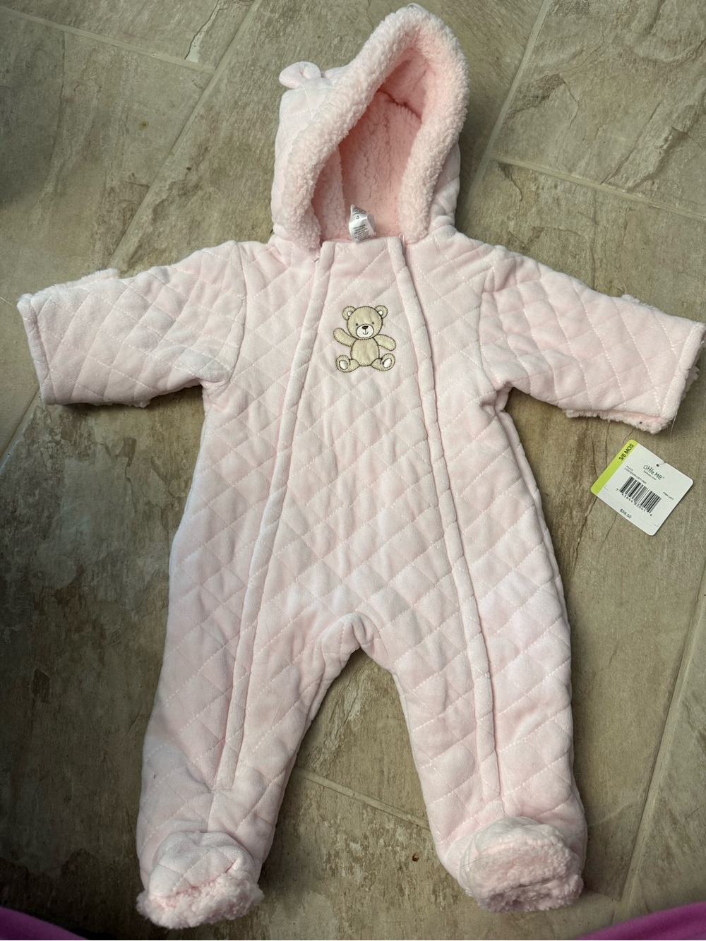 Baby Pink Quilted One-Piece Bunting Suit with Teddy Embroidery Little Me 3-6mNWT